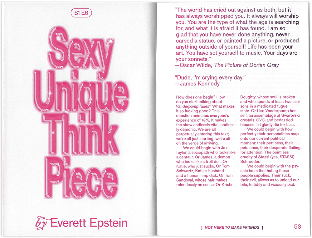 spread of booklet with large plastic-y pink lettering of the title, Sexy Unique Think Piece on the left