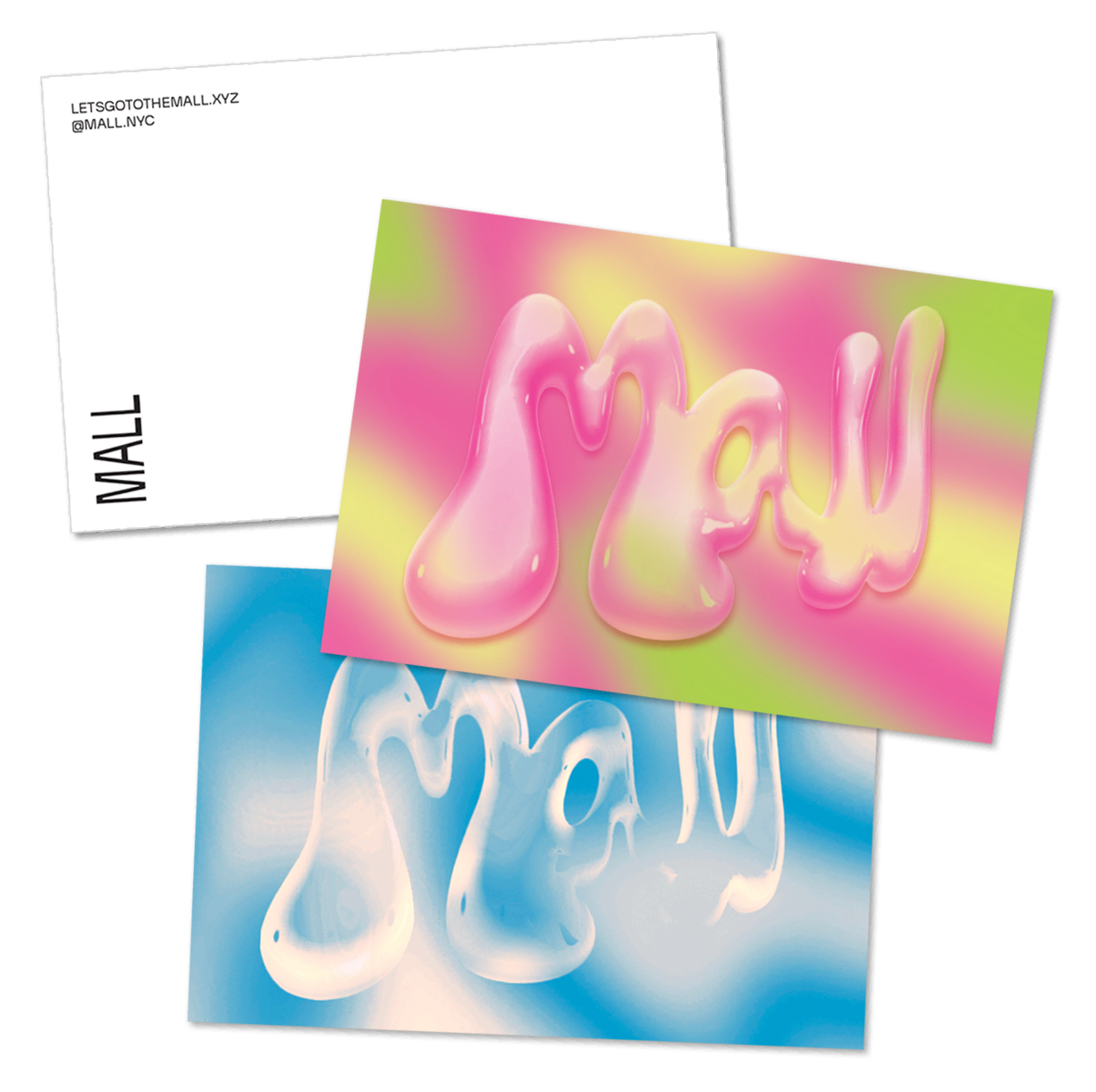 bright postcards with bubbly plastic type spelling MALL