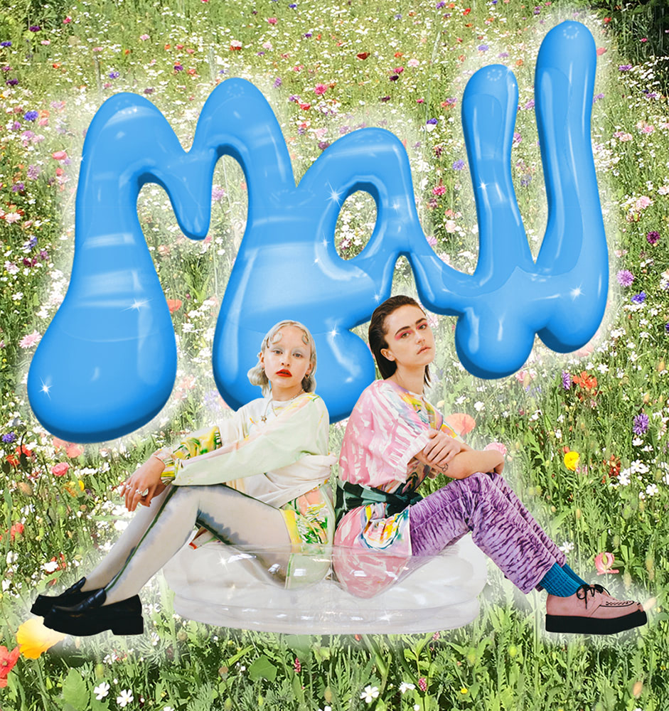 collage of two women sitting on inflatable chair in front of large blue bubbly MALL type and a background of flowers in a field