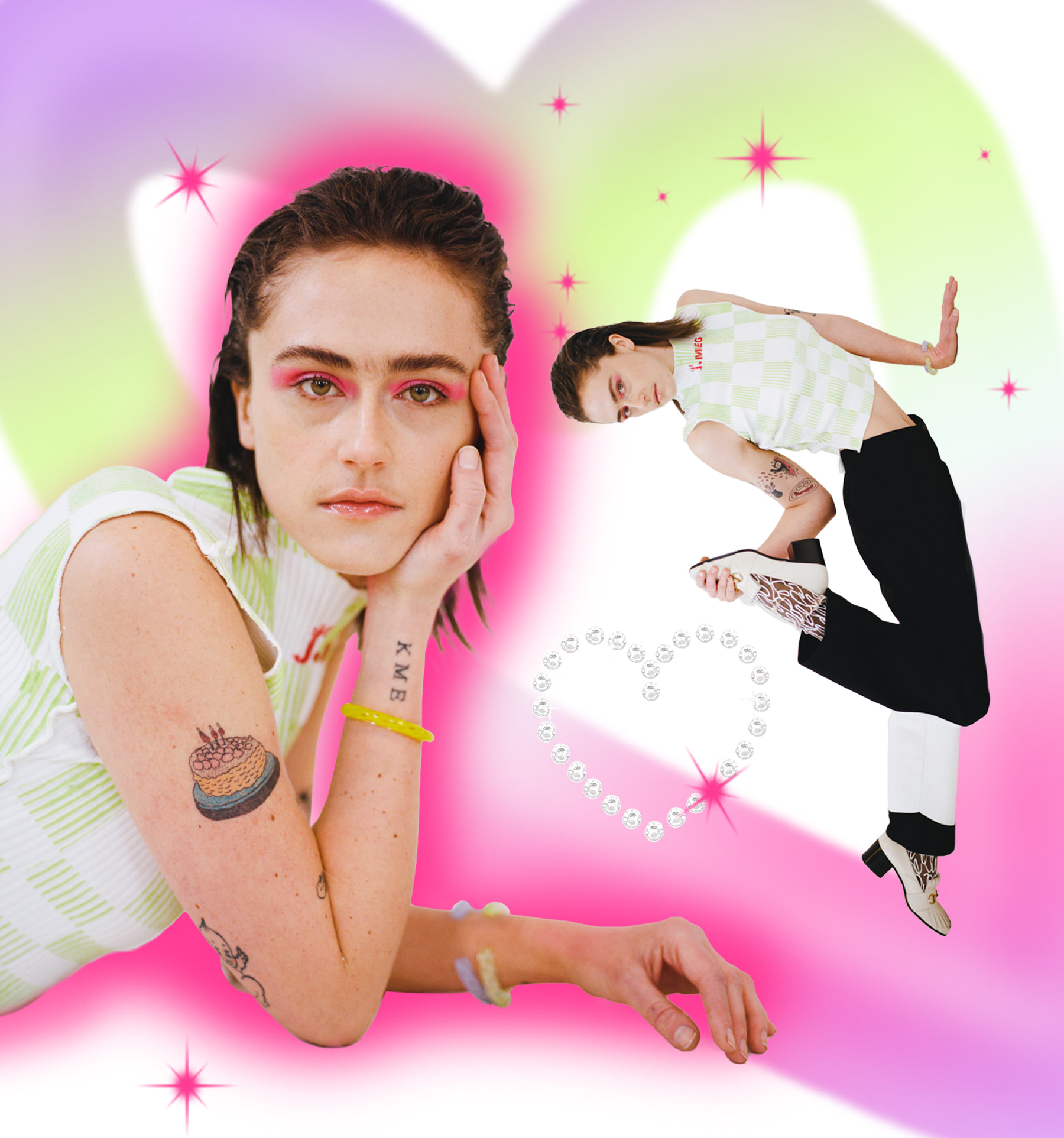collage of young woman over pink and green heart